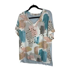 Haptics Women’s Leopard Print V-Neck Top w/ Blue, Pink, Gray, and Yellow Size L